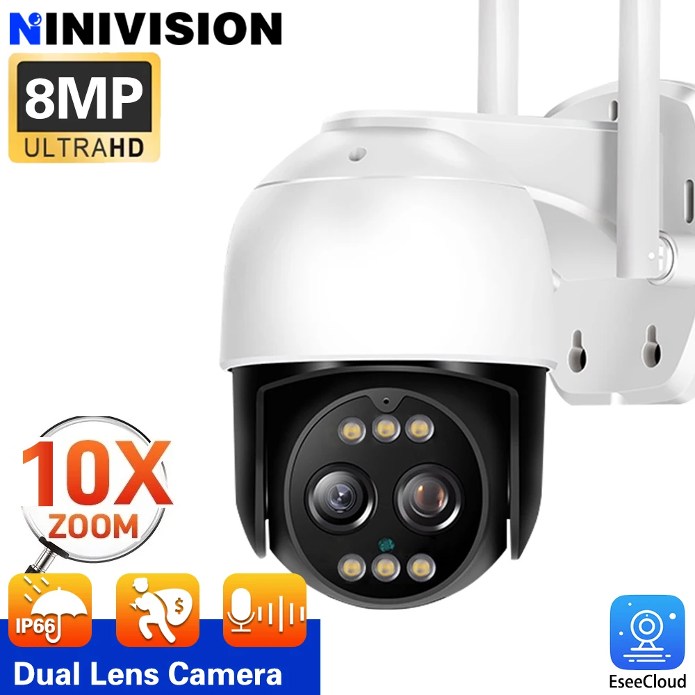 

EseeCloud 4K 8MP Wi-Fi PTZ 2-аудио камера для улицы 10-кратный цифровой зум камера с двумя объективами автоматическое отслеживание умная домашняя камера безопасности