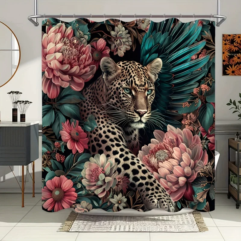 1pc Jungle Leopard Shower Curtain, Daisy Peony Floral Animal Green Leaves Rose Accents, Fashionable Modern Bath Screen Curtain W