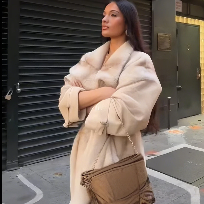 رشاقته المرأة معطف الشتاء الفاخرة فو الفراء سترة طويلة مع حزام التلبيب قصيرة الأكمام فضفاضة أبلى 2025 جديد معاطف سيدة دافئة #6