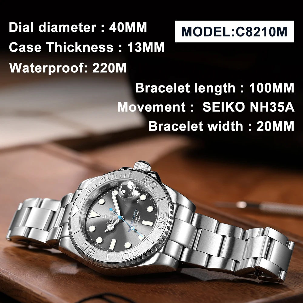 Imagem -04 - Cadisen-relógios Mecânicos Masculinos Sapphire Relógio Automático de Luxo Ice Blue Aço Inoxidável Nh35 Yacht-master Swiss Bgw9 40 mm 100m