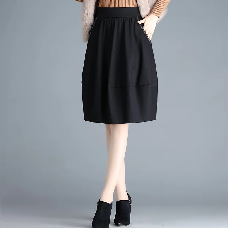 

Women's Woolen A-Line Skirt High Waist Elastic Waist plus Size Spring Autumn New Sle Lantern Skirt Body Concealing