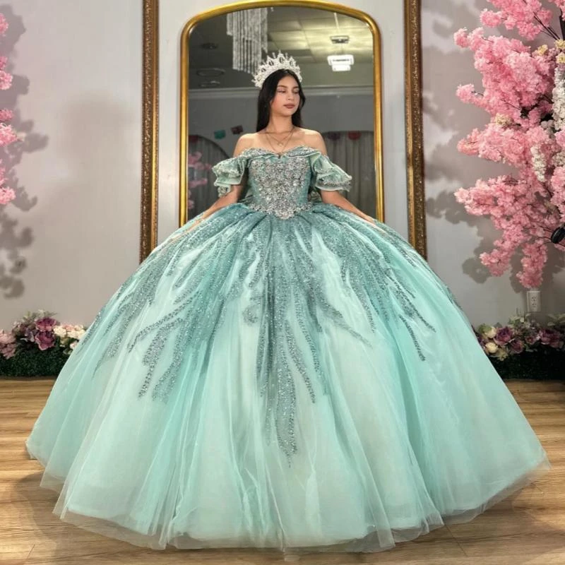 Luxury Turquoise Ball Gown Sweet 16 Year Quinceanera Dresses Off The Shoulder Lace Beads Crystal Tull Brithday Party Dress Vesti