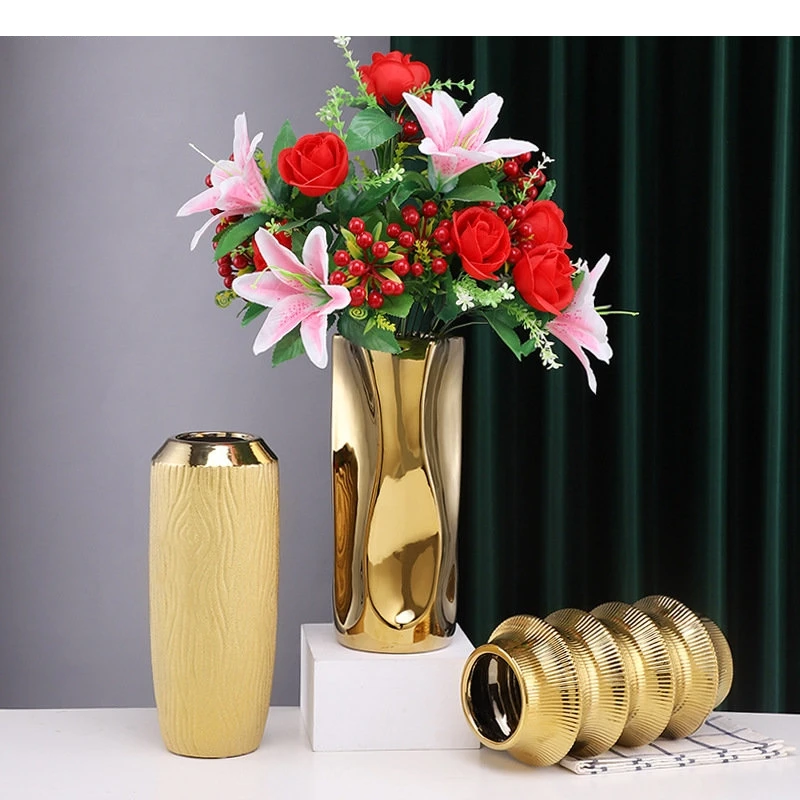 Gold-plated Ceramic Vase Light Luxury Tabletop Hydroponic Flower Arrangement Vases Modern Home Decoration Accessories