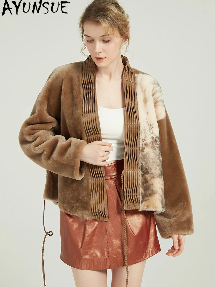 AYUNSUE Natural Sheepskin Fur Coat Women Winter Clothes Lamb Wool Genuine Leather Jacket Woman New in Coats 2025 Ink Printed