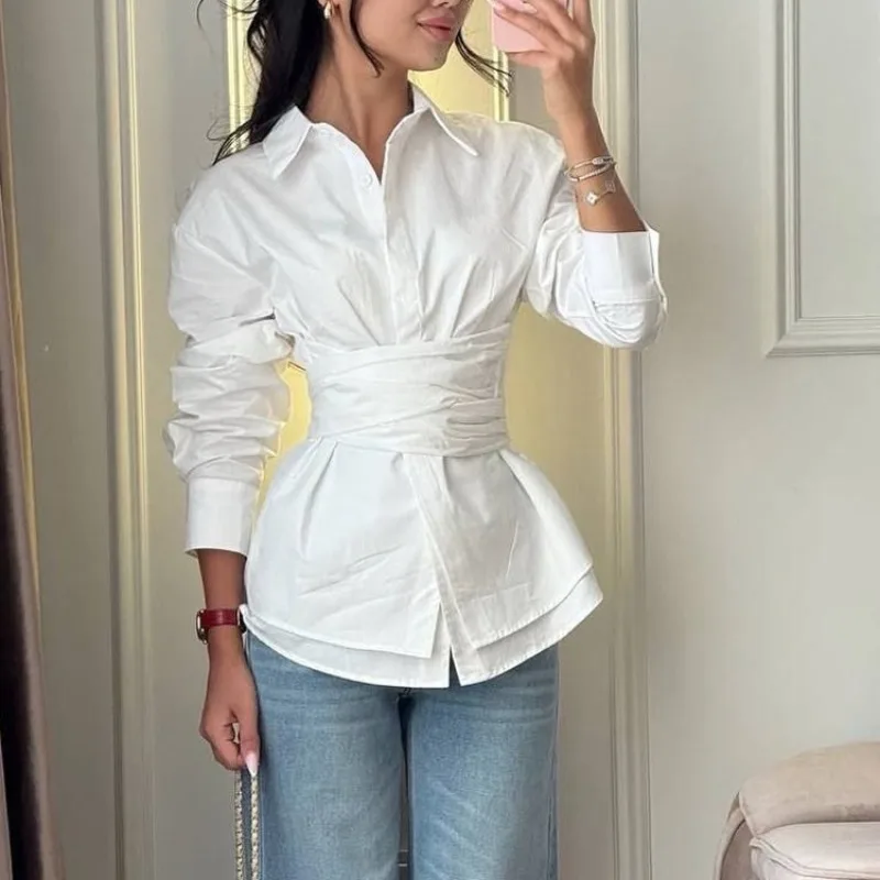 

Tsiisd Commute Women's Lace-Up Shirt Lapel Collar Long Sleeve Casual Office Streetwear Elegant Luxury Fashion Ladies Blouse Tops