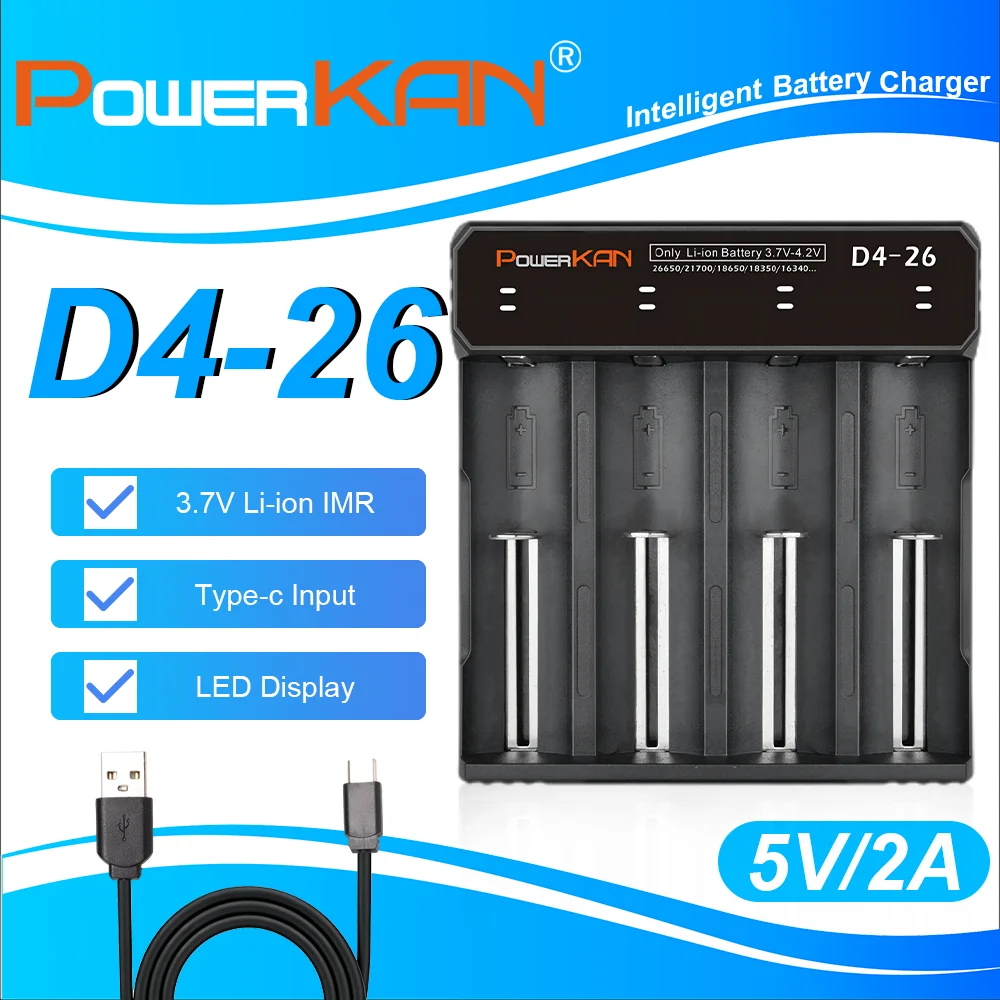 

Зарядное устройство POWERKAN D4-26 со светодиодным дисплеем для литий-ионных аккумуляторов 3.7V 18650 14500 26650 21700 USB 5V 2A 4 слота