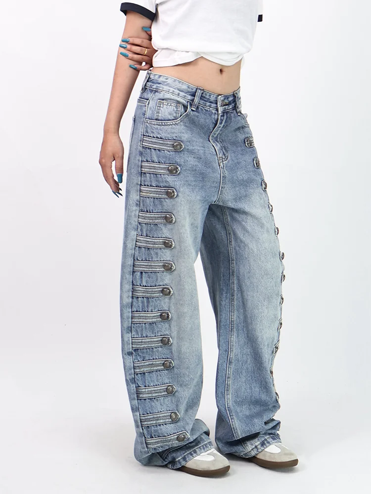 High Waist Wide Leg Jeans Women's Fashionable American Retro Design Sense Knife  Jeans Metal Buckle Slimming Long Pants