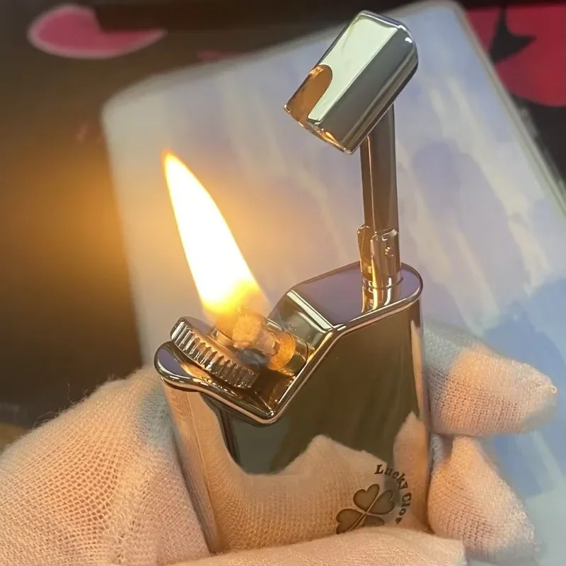 Vintage Trench Kerosine Lighter Brass Chrome Plated Colorful Shell Inlay Four‑Leaf Clover Pattern Men Collectible Smoking Gift