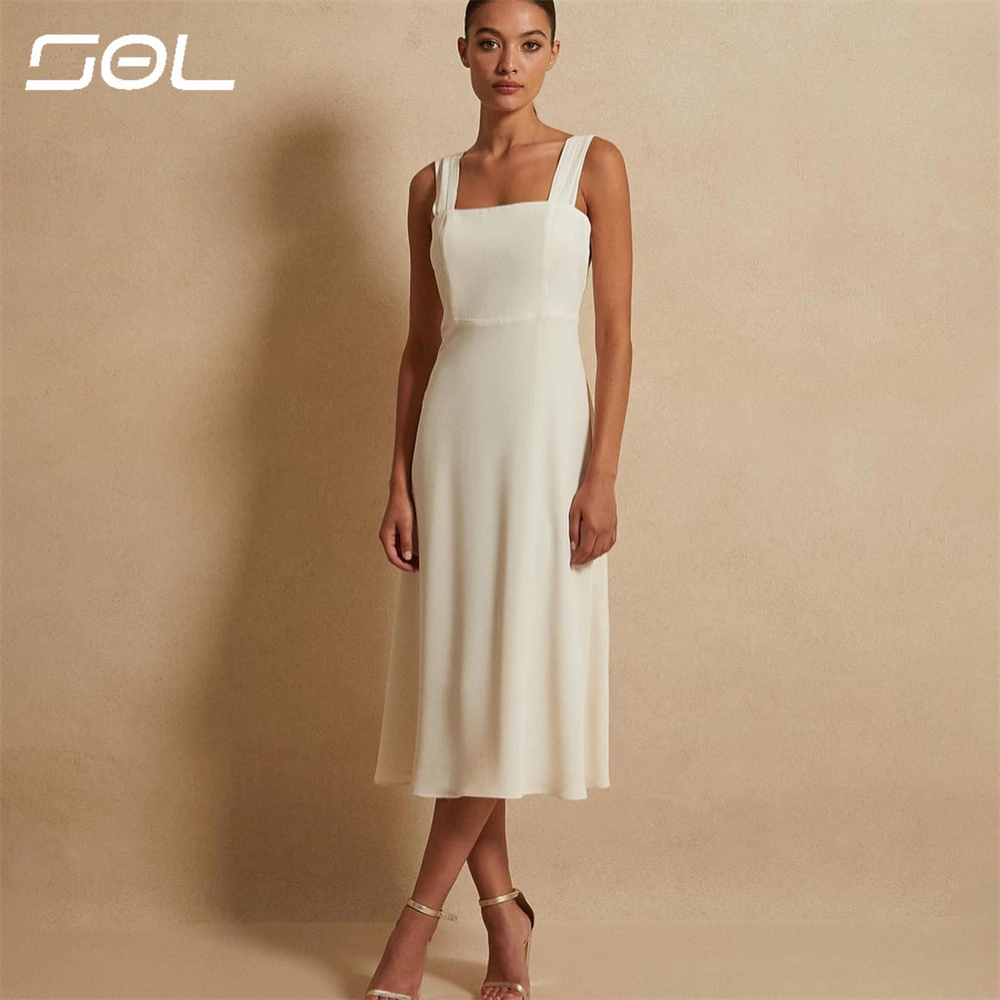 

Sol Simple Square Collar Chiffon Wedding Dress Elegant Spaghetti Straps Backless A-Line Mid-Calf Bridal Gown Robe De Mariee