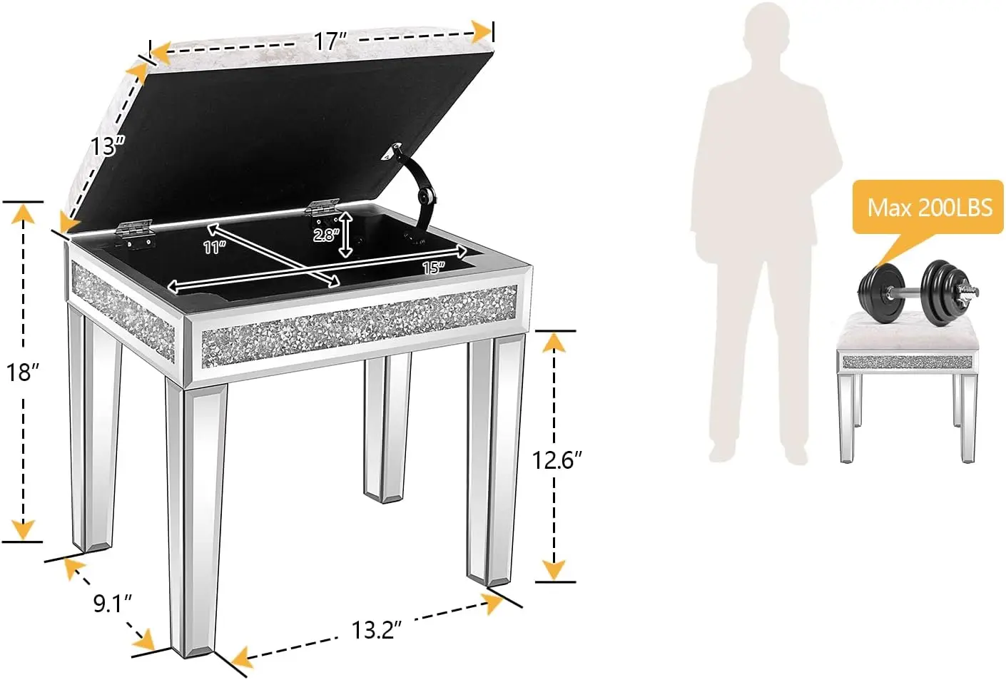 

Высокопроизводительный зеркальный туалетный столик, скамейка для туалетного столика для макияжа с искрящими бриллиантами