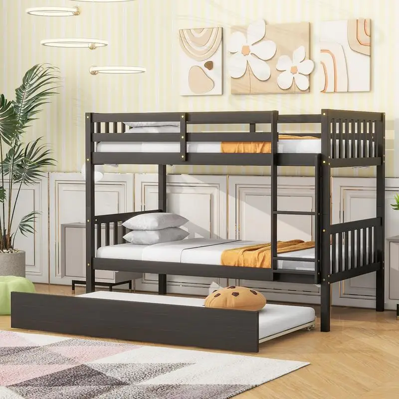 Twin Over Twin Bunk Bed with Trundle, Convertible to Twin Beds, Features Ladder and Safety Guardrails, Espresso Finish