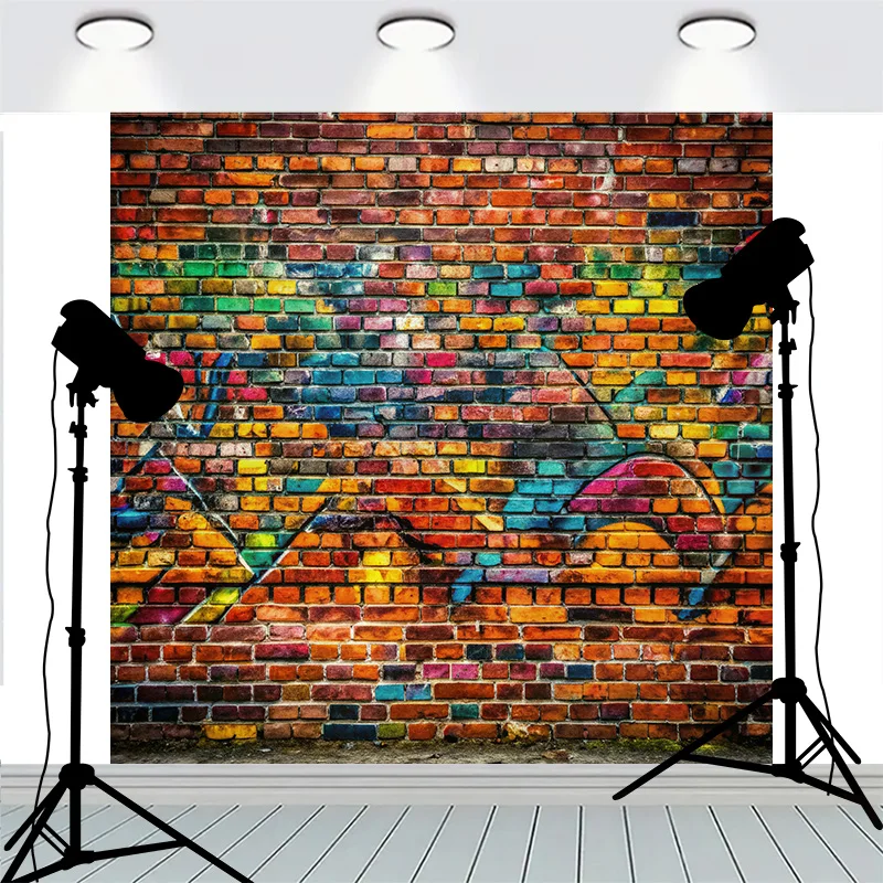 Graffitistyle Rainbow Painted Brick Wall Background Damaged Rustic Texture Vibrant Grunge Photography Backdrops BK-17