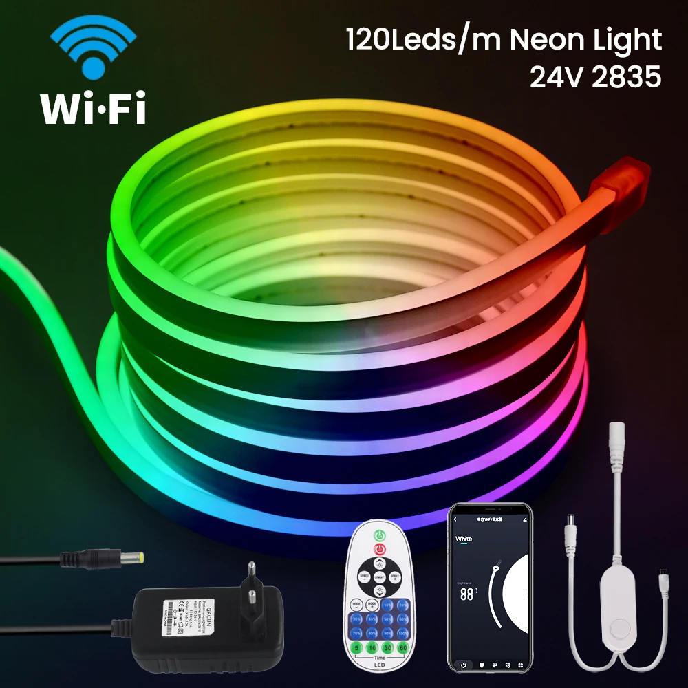 

Wi-Fi 23Key IR Dimmable 24V светодиодная неоновая полоса светильник 2835 гибкая лента IP67 водонепроницаемая 5mm X 11mm DIY праздничное украшение с разъемом питания