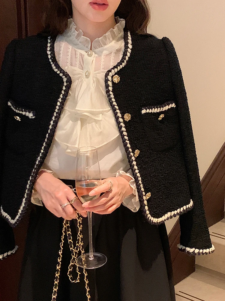 Veste en Tweed Vintage pour Femme, Manteau Court Français Élégant, Décontracté, à Manches sulf, Simple, Rétro, Vêtements d'Extérieur