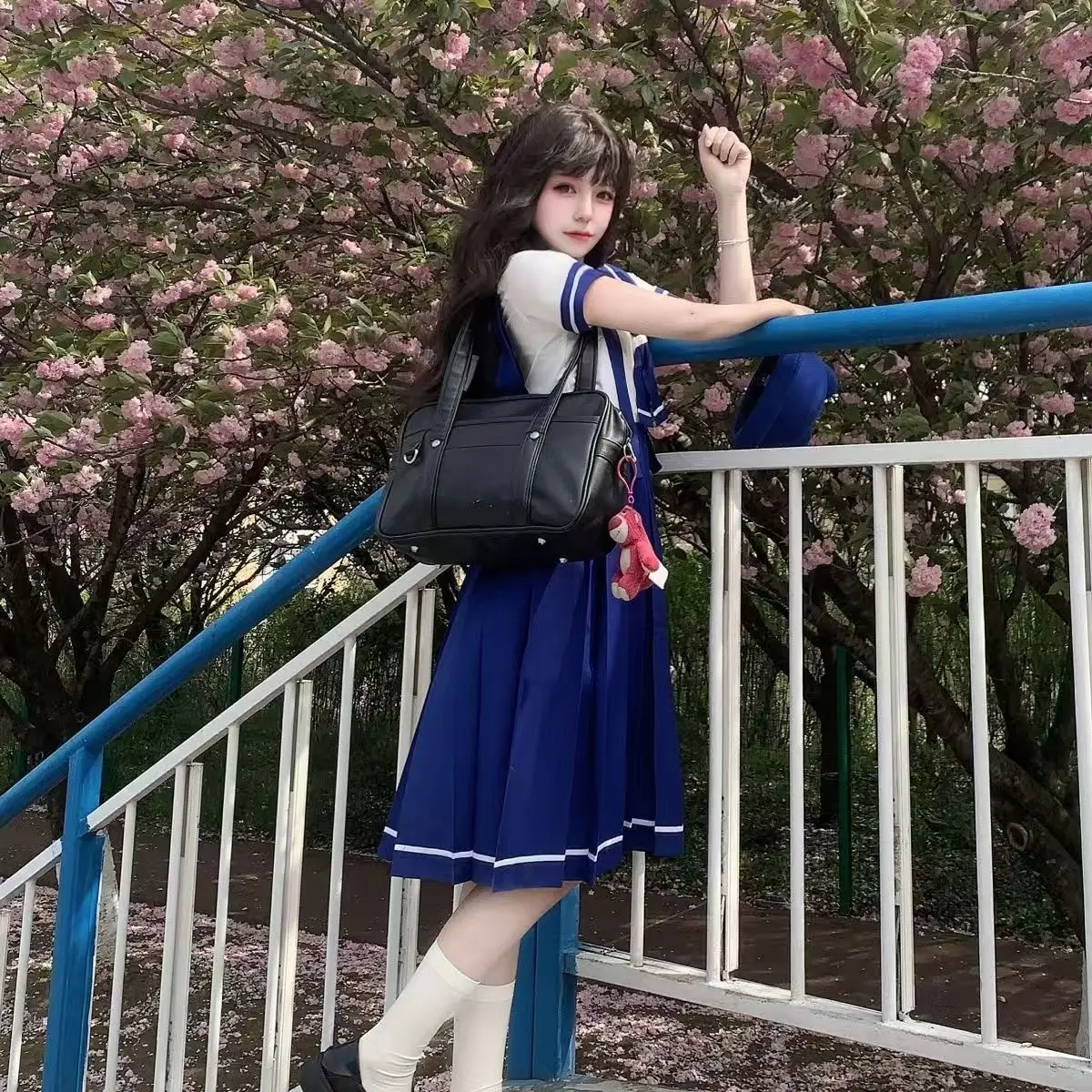 

Cute Sailor Collar Tops Strap Pleated Skirts Y2k Girls Lolita Blue Outfits Japanese Kawaii School JK Uniform Sets Women Sweet