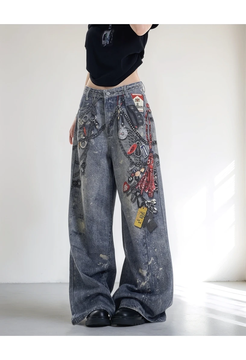 Chic moda pintada feminina 3d correntes impressas jeans americano retro cintura alta casual calças jeans feminino na moda estilo de rua