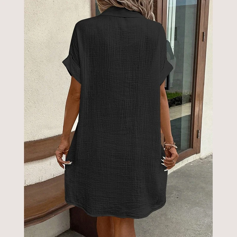 NEW Vintage Women Solid Mini Dress Summer Fashion V-neck Three Quater Sleeve Cotton Linen Dress Ladies Casual Holiday Vestidos