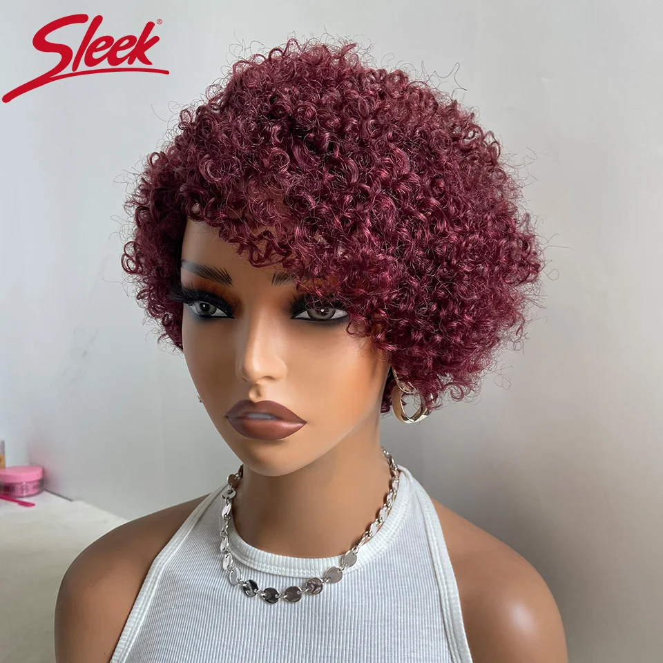 Sleek Short Pixie Cut Afro Kinky Curly Wigs 100% Short Curly Human Hair Wigs For Women 99J Red Colored Remy Brazilian Hair Wigs