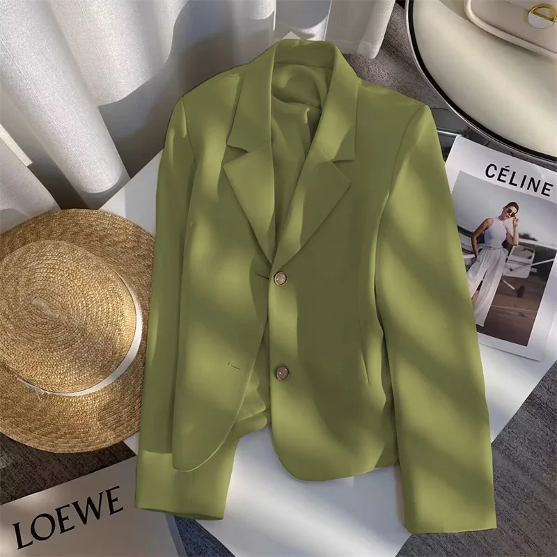 Cropped Blazers Woman Outerwear 2025 New All-match Notched Collar Crop Lady Jacket Korean Chic Female Single-breasted Suit Coat