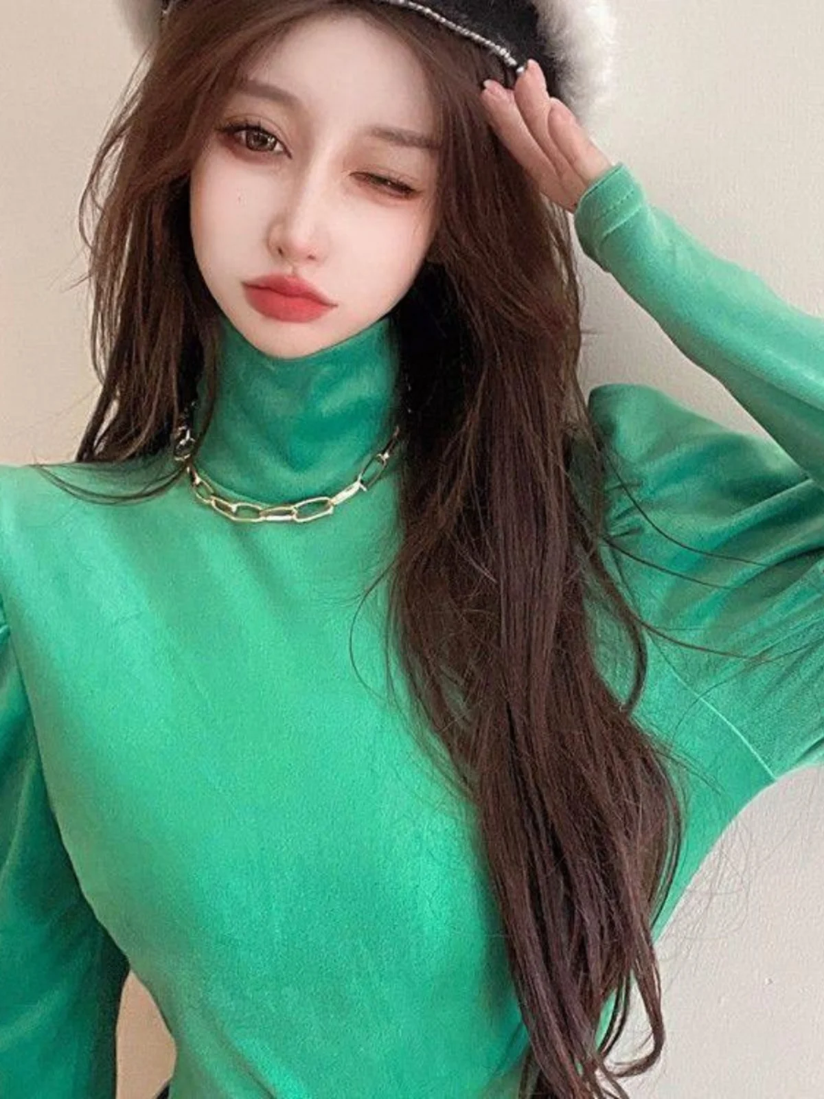 Women's High Collar Bubble Sleeve Long Sleeve T-Shirt Slim Fit Double Sided Velvet Base Shirt Top Fashionable Casual Wear
