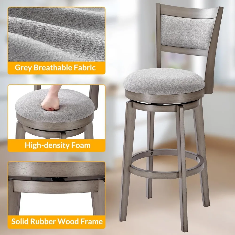 Swivel Bar Stools Set of 4, 30 Inch Bar Height Barstools, High Back Bar Stool with Solid Wood Legs & Wrap-Around