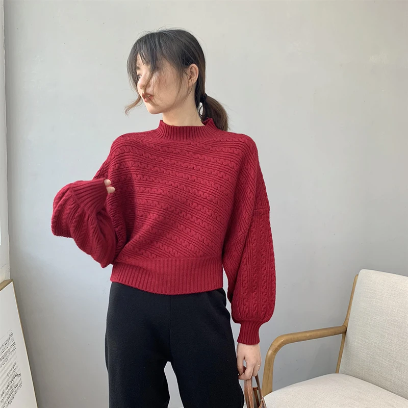 Fall Winter Thick Half Turtleneck Women Pullover Fashion Warm Lantern Sleeve Knitted Sweater Korean Loose Pure All-Match Jumper