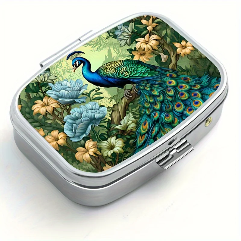 Tropical Style 2-Grid Peacock Pattern Pill Box-Stylish Portable Pill Box,Perfect for Pocket or Purse-Durable Vitamin Storage Box