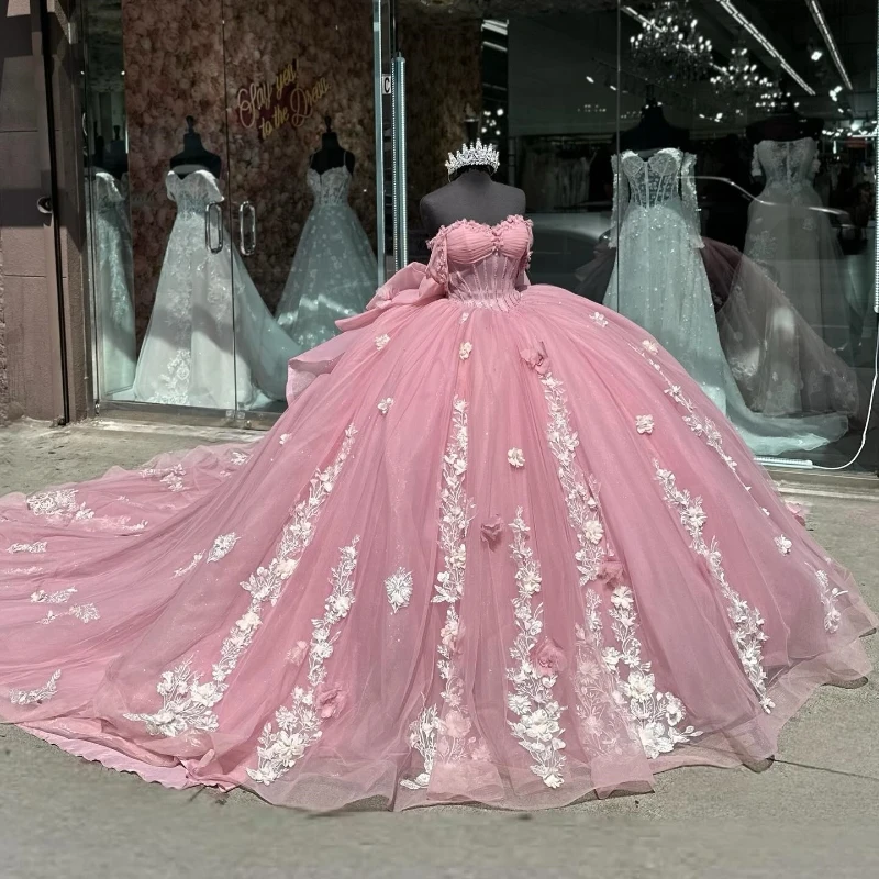 

Блестящее розовое платье для Quinceanera, бальное платье с открытыми плечами и цветочной аппликацией, бисером, Мексиканский корсет, милое платье 16, 15 лет