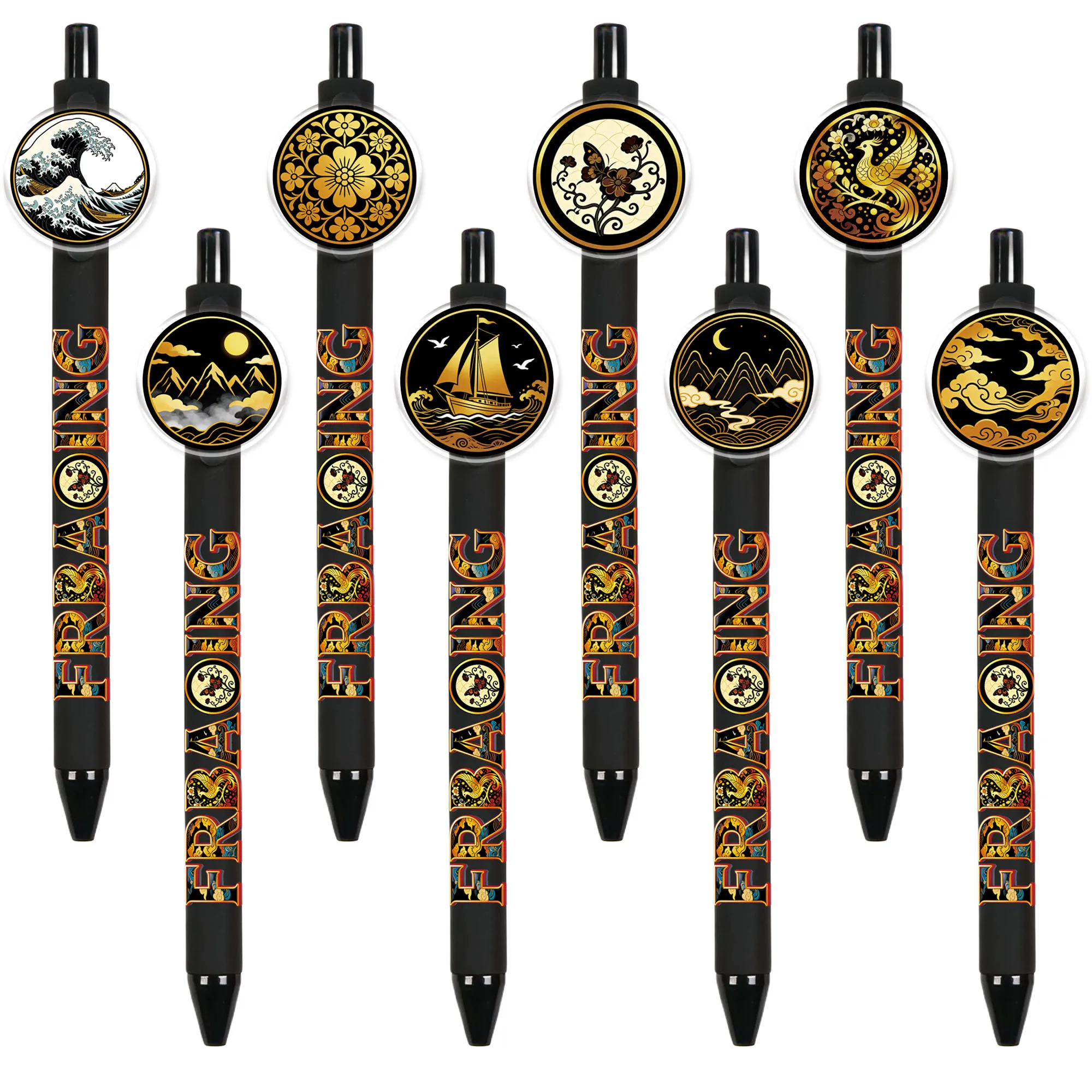 

8 PCS / 16 PCS Simple Landscape Black Gold Design Round Ballpoint Pens - Daily Office Writing Push-Pen