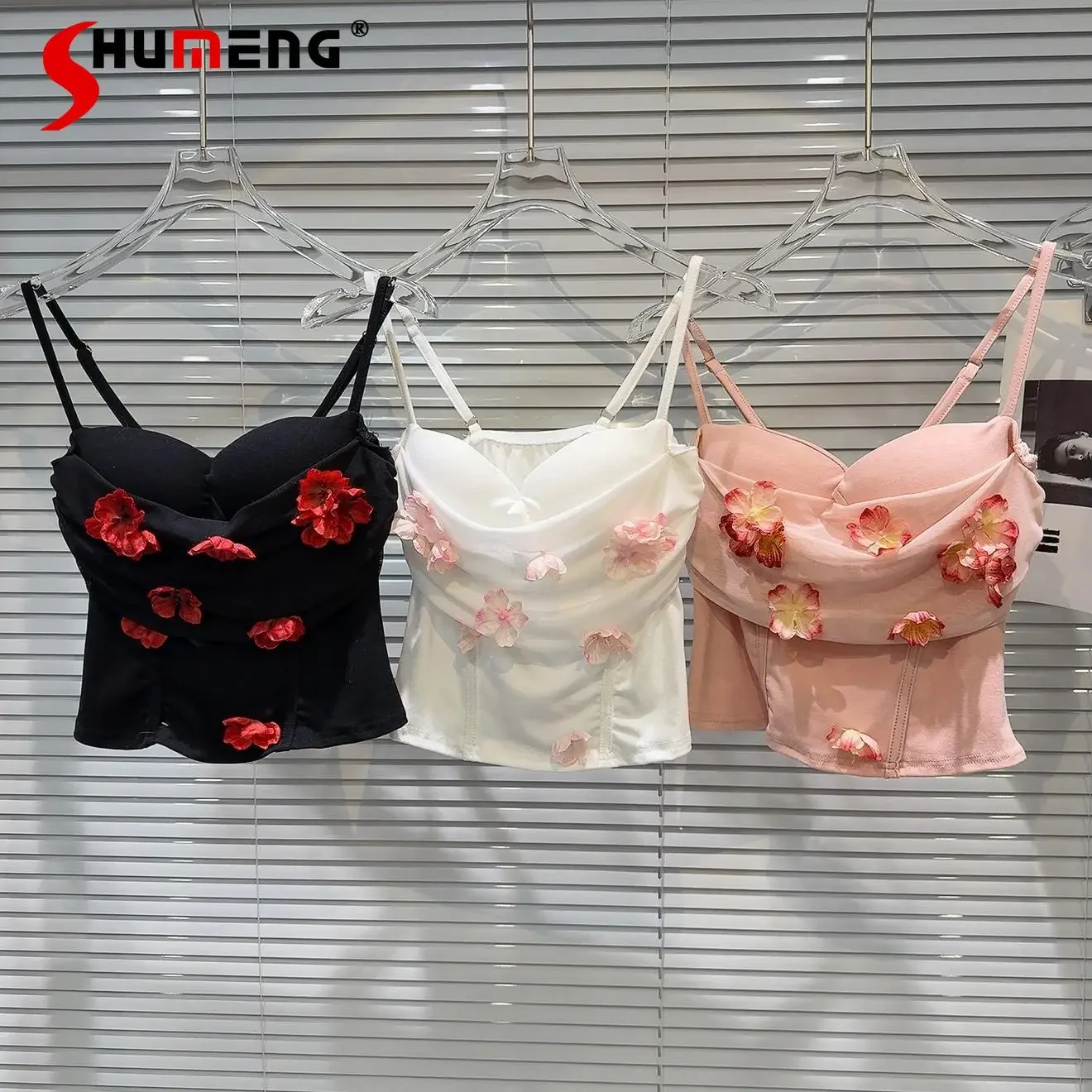 Women's 2025 Spring New Fashion Sweet Three-dimensional Mesh Gauze Flower Decoration Tank Tops Female Sexy Chest Pad Sling Vests