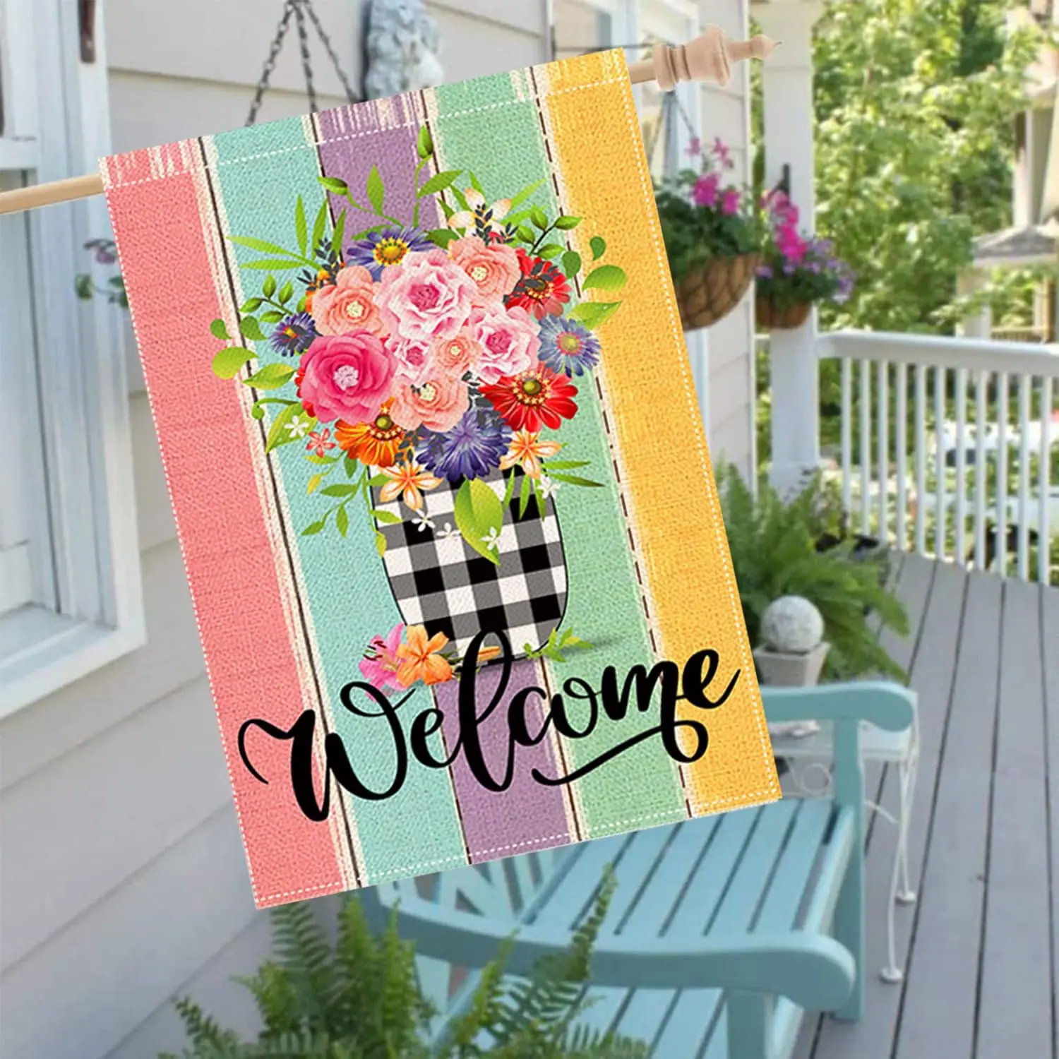Spring Welcome House Flag 28 x 40 Inch Colorful Floral Decorative Double Sided Burlap Flag For Spring Summer Farmhouse Yard jjp