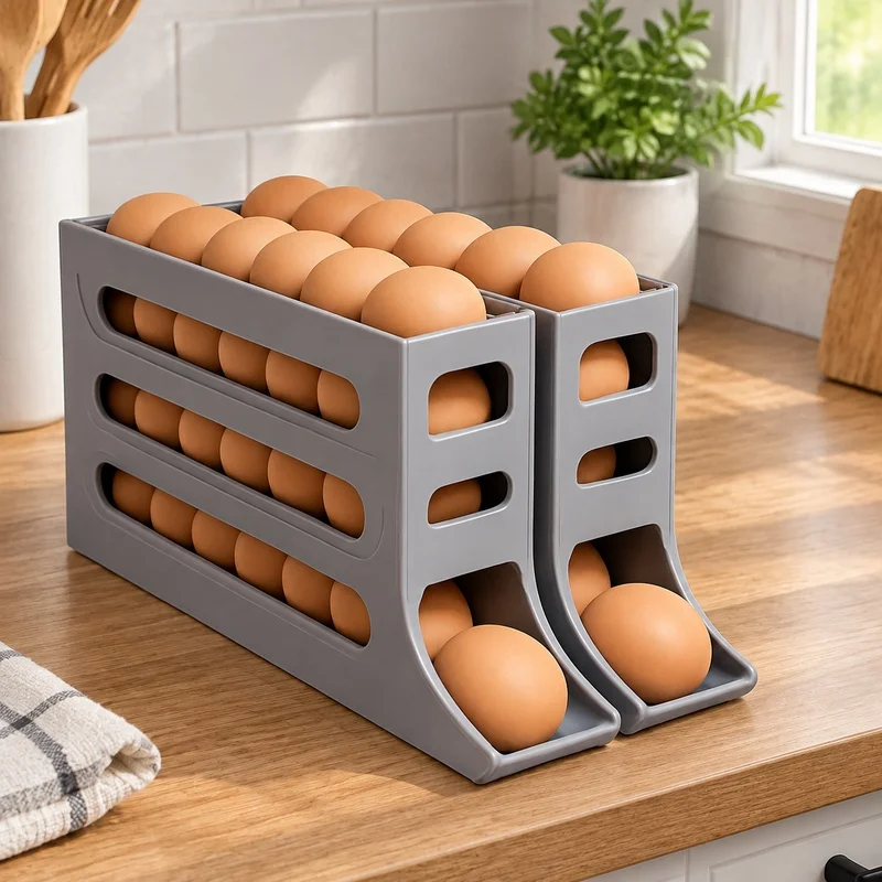 4-Level Egg Holder with Sliding Dispenser for Refrigerator, Space-Saving Kitchen Storage Rack