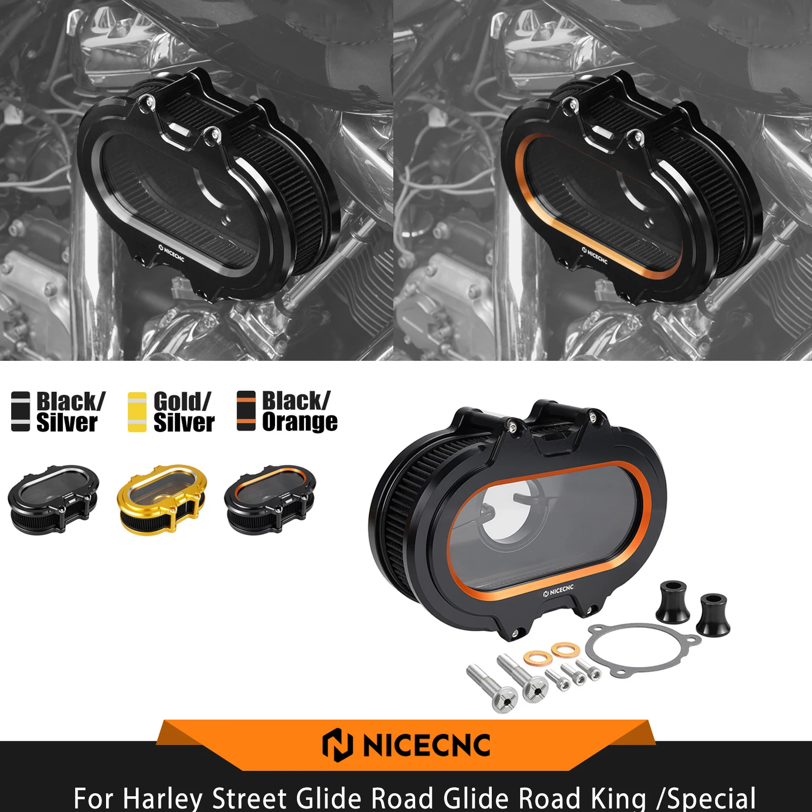 NICECNC For Harley Street FLHX Glide Road Glide Road King /Special Clear Air Cleaner Kit Intake Filter Ultra Limited Tri Glide