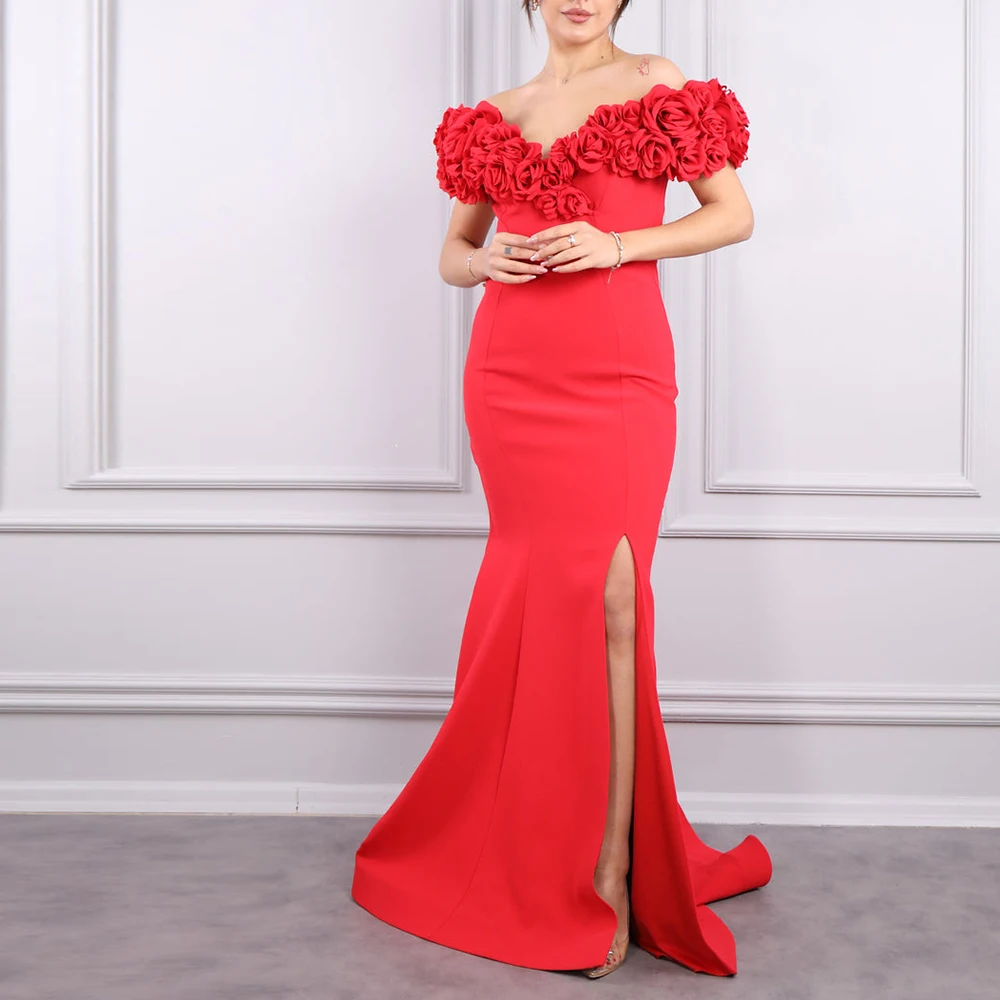 

CustomizedRed Off the Shoulder Floor Length Elegant Party Dresses Woman Straight Jersey Short Sleeves Sweep Train Fllowers Class