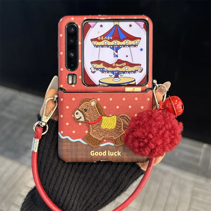 

For Samsung Galaxy Z Flip 7 Zflip6 Zflip5 4 Case Horse New Year Cute 3d Embroidered Ponny Good Luck Red Leather Cover