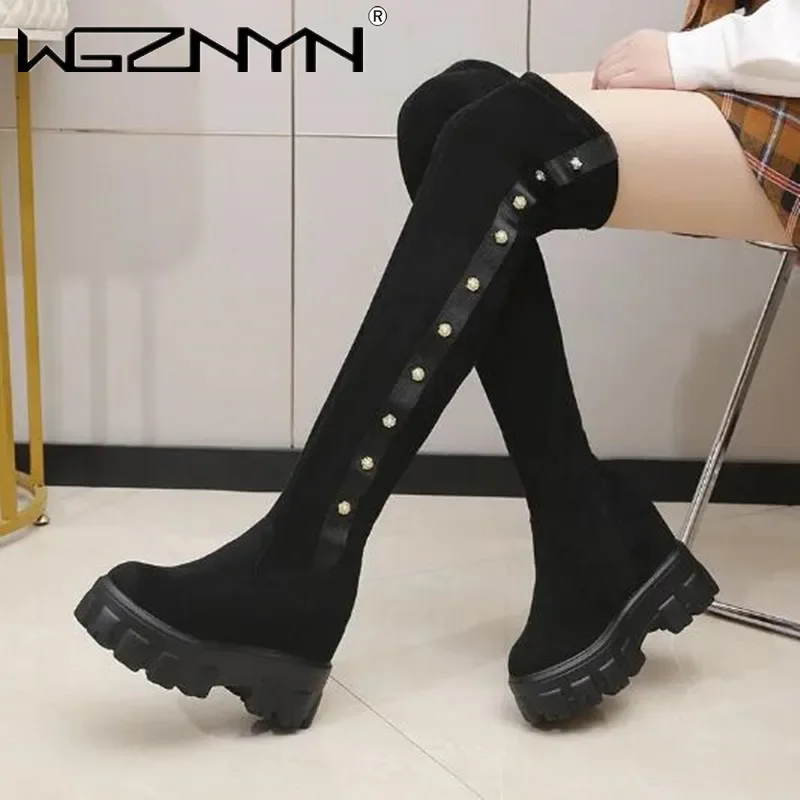 

Женские сапоги, увеличивающие рост, новые сапоги выше колена для женщин, сапоги выше колена на толстой подошве с ивовым ногтем, эластичные сапоги, женская обувь