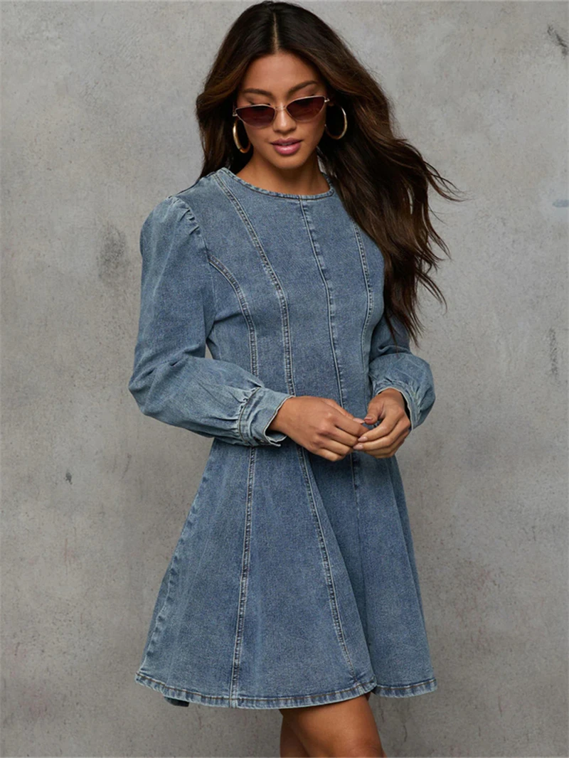 

Streetwear Denim Dress Spring Clothes Women 2025 High Waist O-Meck Long Sleeve Pleated A-Line Dresses Casual Jean Dress Vestidos