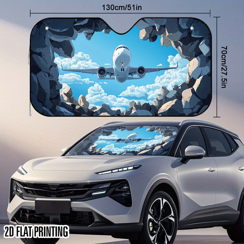 1pc 2D Flat A Plane Crossing The Valley Print Car Sunshade – Stylish & Efficient, Keeps Your Car Cool, Includes 4 Suction Cups F