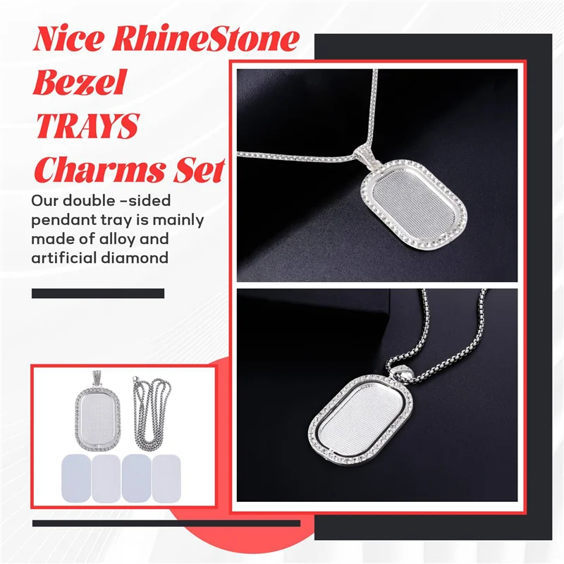 ABWZ-48Pcs Sublimation Rhinestone Trays Pendant Set, 12 Blank Bezel Trays, 12 Pcs Chains With 24 Discs, Rectangle Style