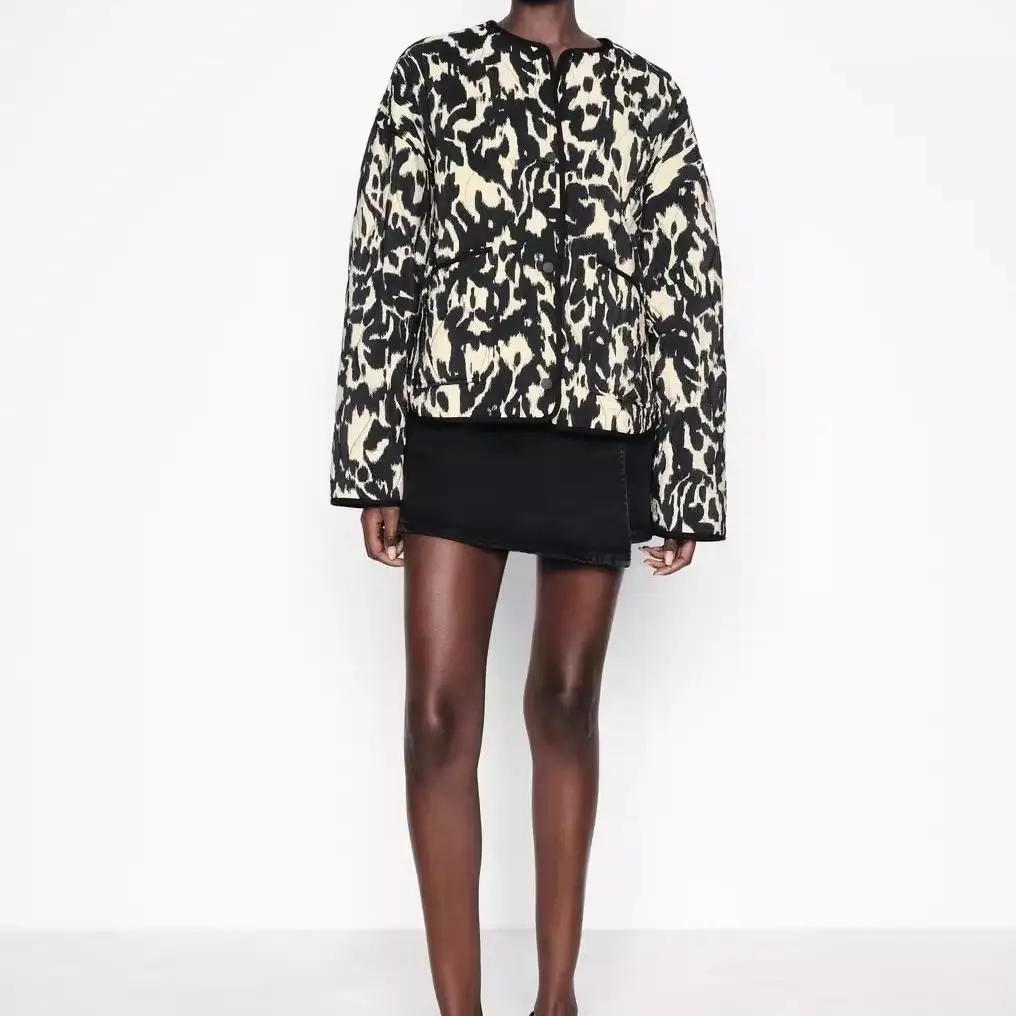 

Snakeskin Print Long Sve Jaet Cotton Coat Button Design Faionable New Autumn Winter Women's Loose Fit round Ne Jaet