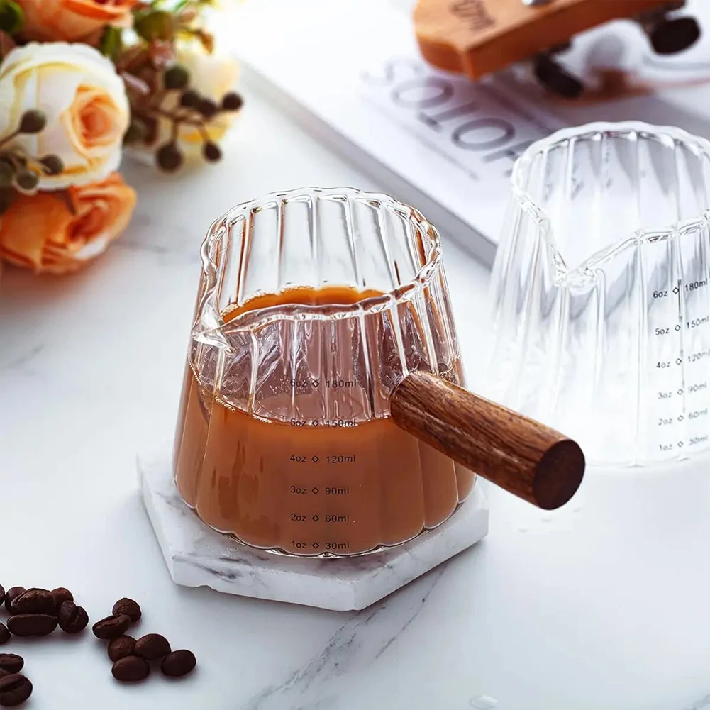 Glass Coffee Mug,Clear Glass Liquid Measuring Cup,V-Shaped Spout With Graduated,Rounded Wooden Handle Effective Insulation