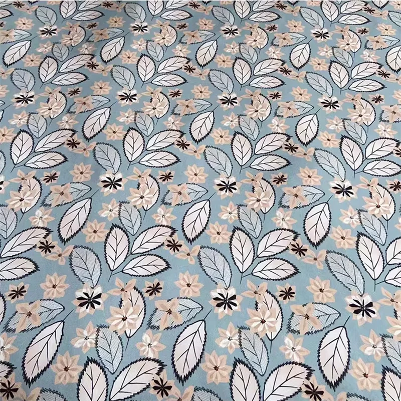 

1 meter 90% Mulberry Silk 10% Spandex 19 momme Charmeuse Silk Fabric Blue Leaf Floral Printed 140cm 55" wide by the yard XY040