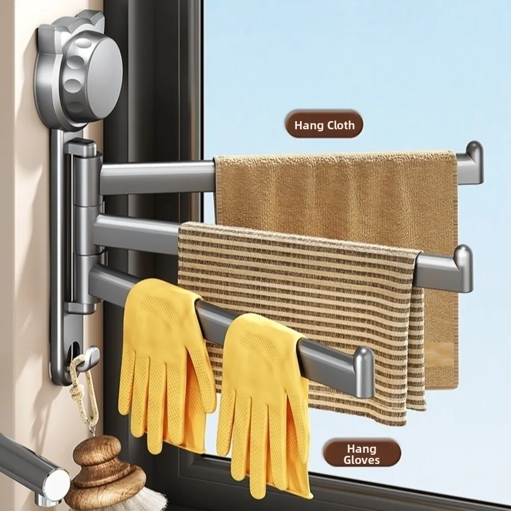 Suction Cup Rotating Towel Rack 180° Rotatable No Drill Dishcloth Draining Rack Multi-Rod Wall Mount Towel Hanging Holder Hotel 5
