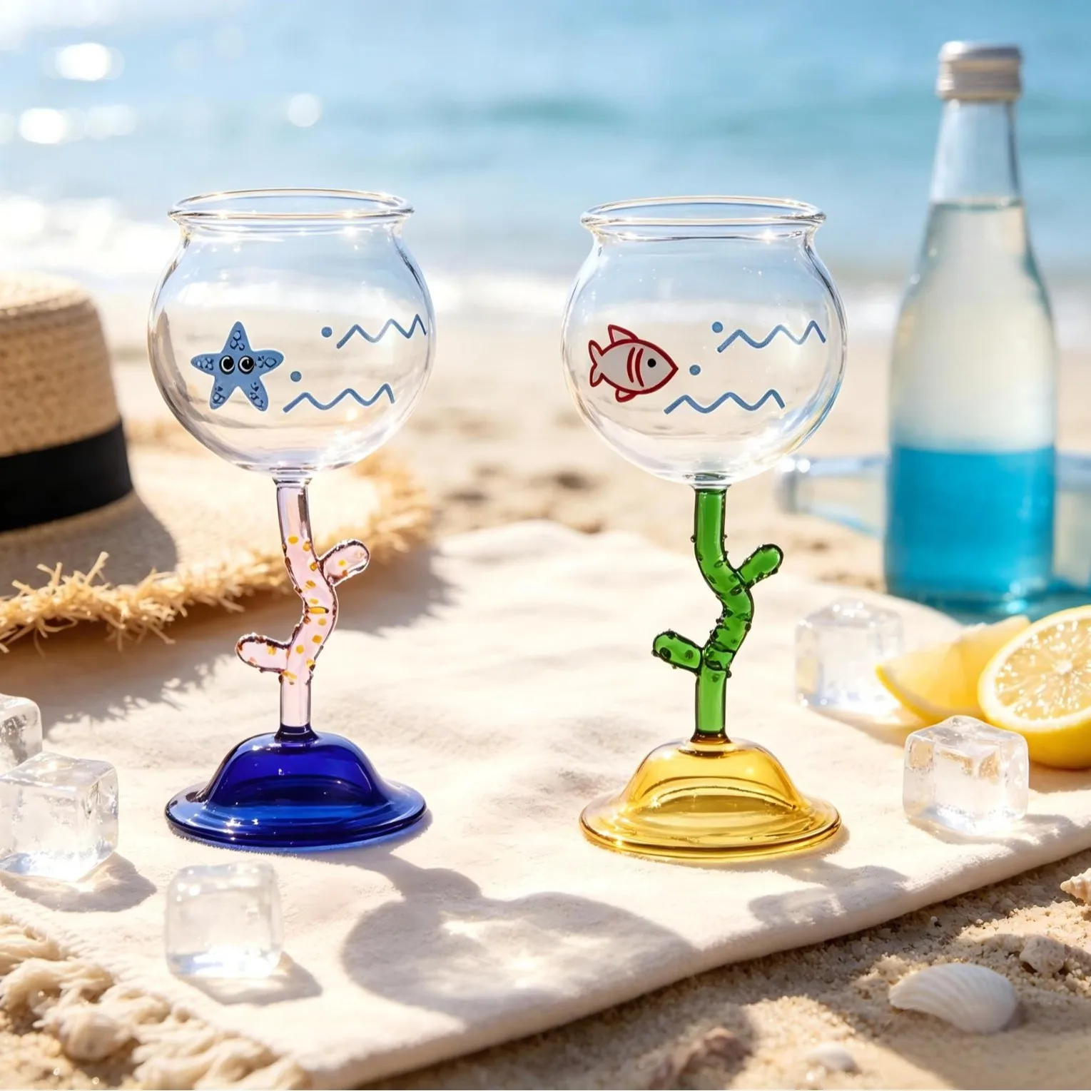 Ocean Theme Creative Glass Goblets - Coral Stem, Starfish/Fish Pattern, Beach Party Home Decor & Gift