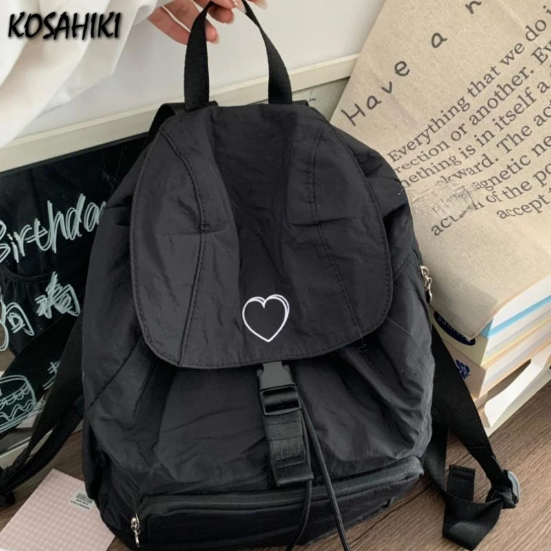 Korean Chic Casual Vintage Heart Backpack Y2k Aesthetic Fashion Simple Students Schoolbags Women Japanese All Match Ins Handbags