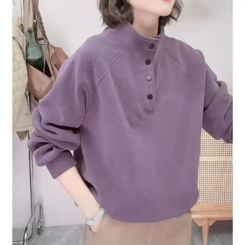 2023 Autumn and Winter Women\'s Solid V-Neck Long Sleeve Button Loose Fleece Fashion Classic Casual Versatile Office Lady Tops