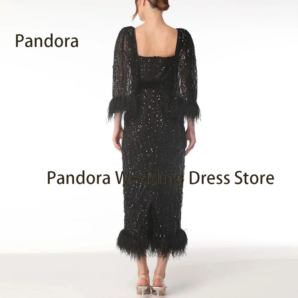 Pandora Women's Ankle-length evening gown with square neck long sleeve mermaid sequin feather slit wedding birthday party dress