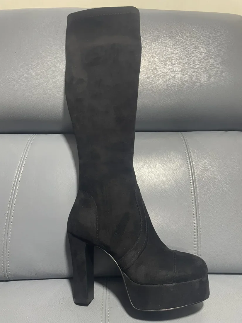 

Apricot Platform Side Zipper Elastic Boots Woman Autumn Winter 2025 Round Toe Chunky Heel Knee-High Boots Women's Slim Boots