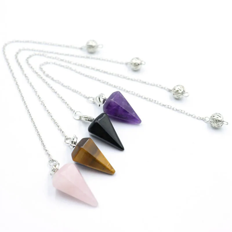 15pcs Cone Shape Stone Pendulum Pendants for Dowsing Lapis Opal Rose Quartz Crystal Healing Chakra Chain Charms Jewelry