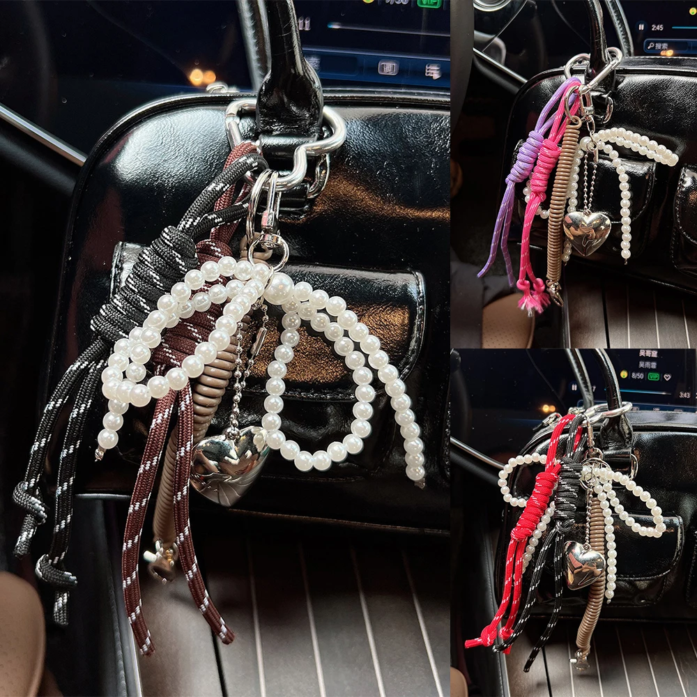 Korean Style String Bowknot Woven Rope Keychain Pendant Fashion Sweet Bag Hanging Decoration Imitate Pearl Keychain Ornament